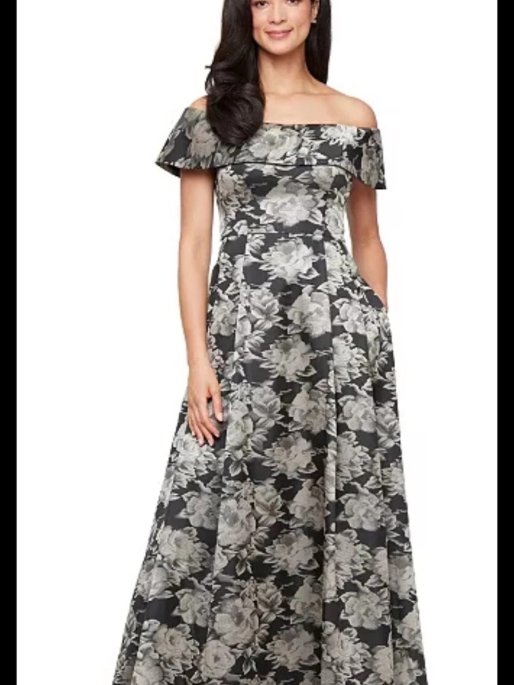 Alex Evenings Floral Printed Jacquard Long Ballgown Dress Size 12 W/ Pockets